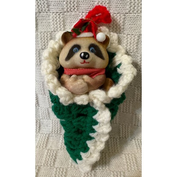 VTG Flocked Christmas Raccoon in Handmade Crochet Pouch in Red, Green & White - Picture 2 of 8